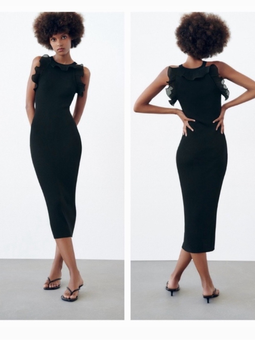 Zara Black Ruffle-Shoulder Midi Dress